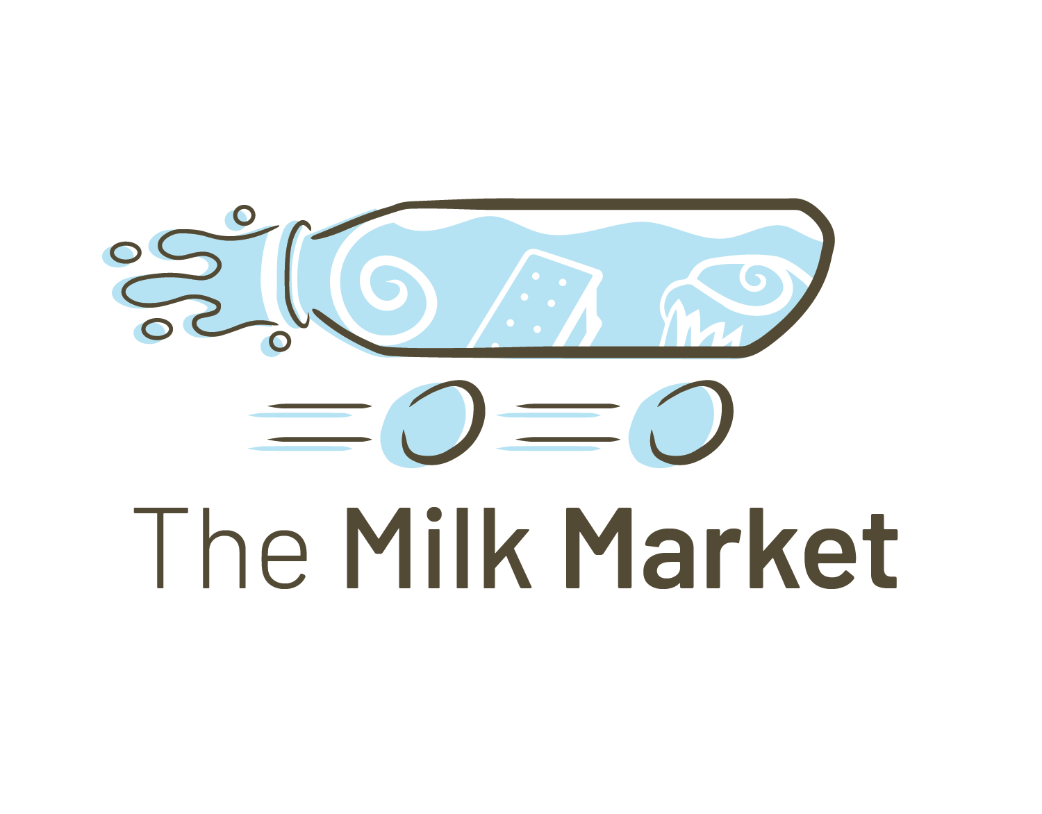 The Milk Market is the name attached to this logo. Written in a brown
				color, the phrase The Milk Market goes from thin to thick, with the word The
				being the thinnest word, and Market being the thickest word. Above the words 
				is a hybrid between a milk bottle and a car. Its movement direction is 
				towards the right. The color of the vehicle bleeds outside of the vehicle's 
				lineart  to where it's further left compared to the lineart in question.
				Inside the milk bottle is, from right to left, a cupcake,
				an ice cream sandwich, and a swirl. Just to the left of the milk bottle is 
				water coming out of the milk bottle.